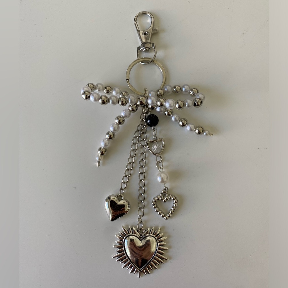 Silver Pearl Bow Heart Charm Keychain